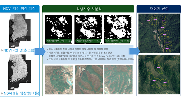 그림2_위성영상분석+산림변화+탐지+및+조사지선정.PNG