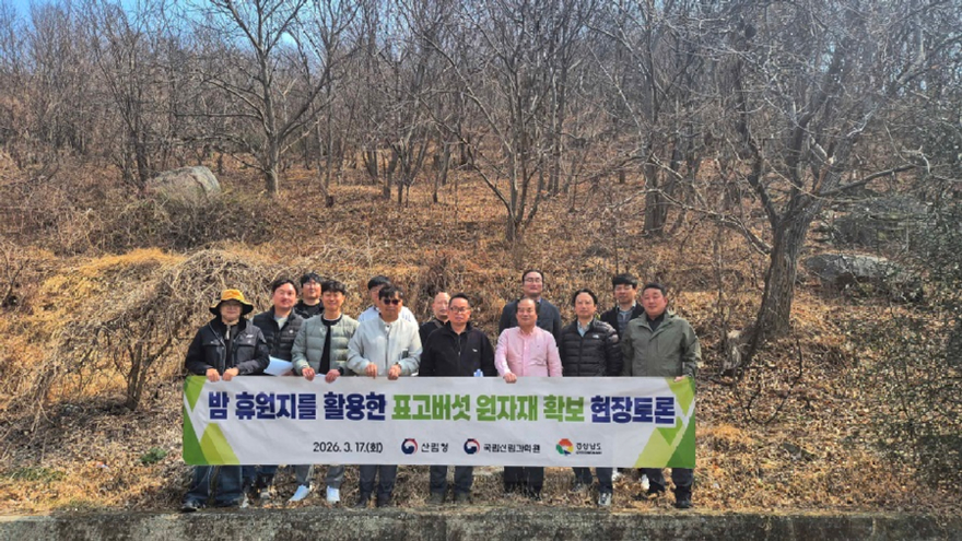 사진1.산림청은 17일 경남 산청군 밤 재배 휴원지에서 ‘경남지역 밤 재배 휴원지를 활용한 표고버섯 원자재 확보 방안 마련 현장토론회’를 개최했다.jpg
