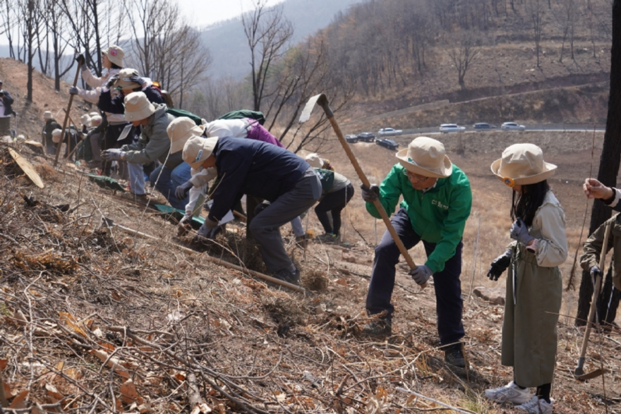 사진2.박은식 산림청장과 신혼부부, 관계자들이 경북 안동시 풍천면 산불피해지에서 나무를 심고 있다.jpg