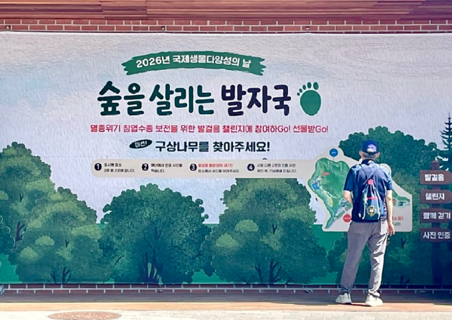 발걸음 챌린지 안내판과 장소를 찾아보고 있는 관람객.jpg