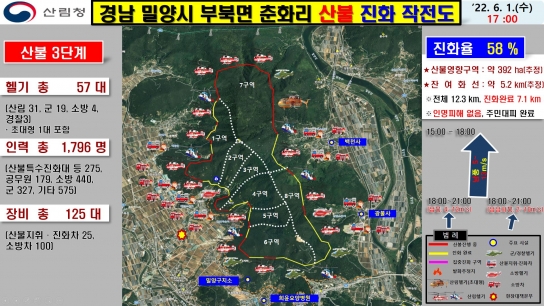 <11보> 경남 밀양 산불, 오후 17시, 산불진화율 58%
