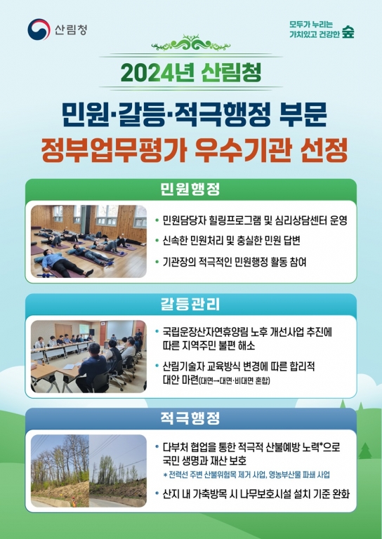 산림청, 2024년 민원·갈등·적극행정 부문 우수기관 선정